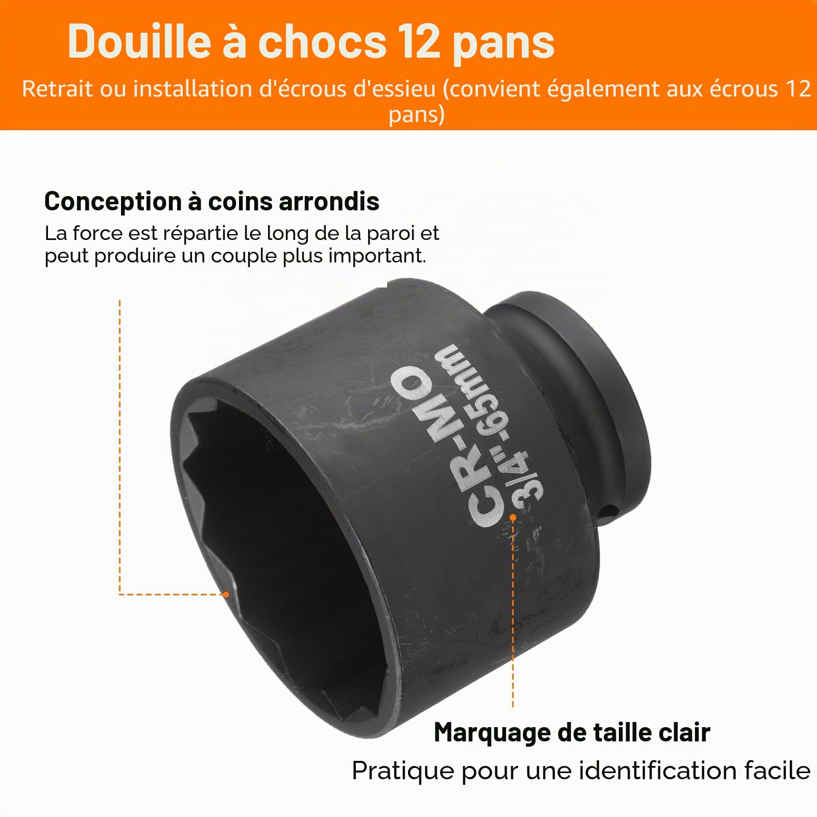 sourcing map Douille à choc 12 points de 65 mm pour réparation automobile, retrait facile