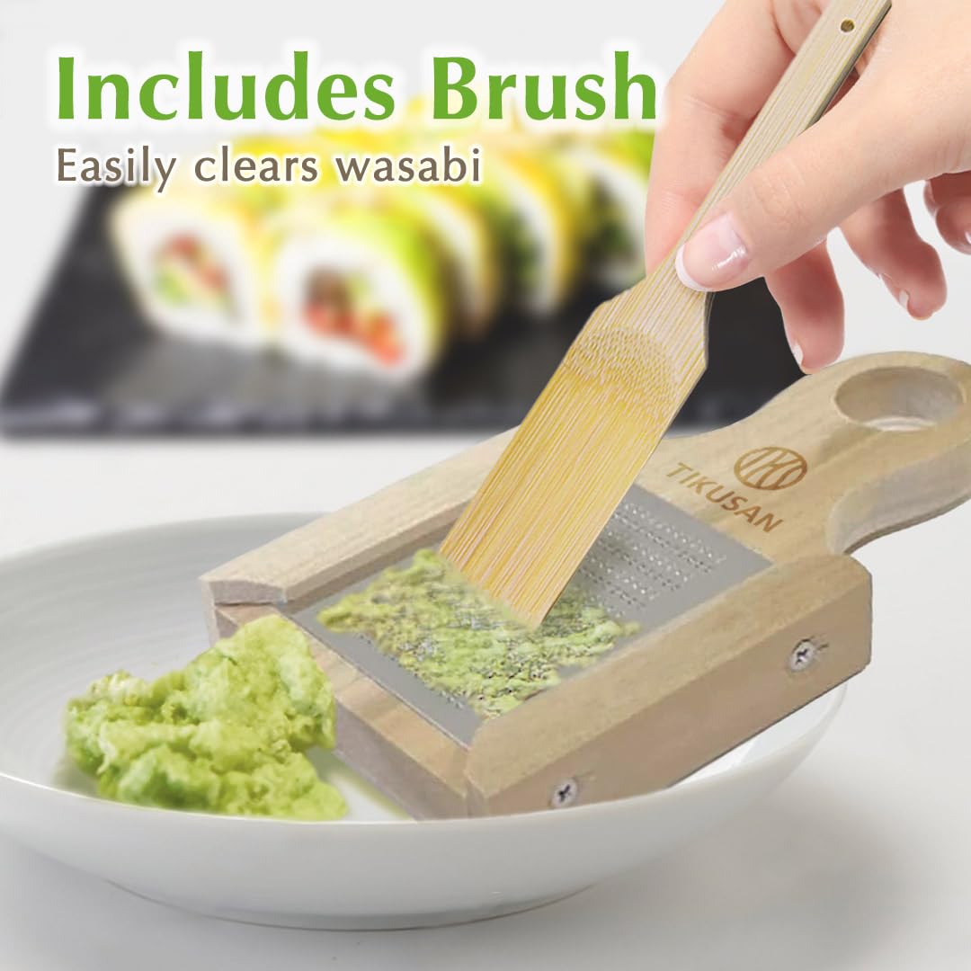 TIKUSAN Grattugia giapponese in legno per Wasabi (wasabi Oroshi) per zenzero e aglio con spazzola in bambù, prodotta in Giappone