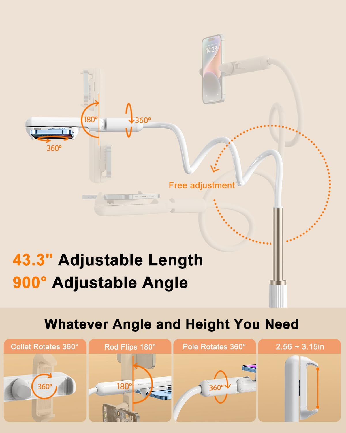 Gooseneck Phone Holder for Bed, Universal Cell Phone Stand with Clamp Mount, 900° Rotation Overhead Phone Mount with Flexible Long Arm for Bedside,Headboard,Desk (43.3 Inches Length)
