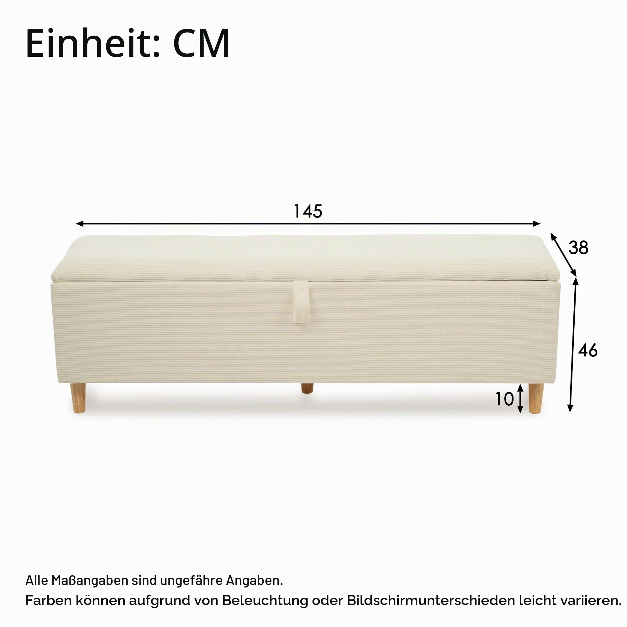 Merax Sitzbank mit Stauraum 145cm, Bettbank Polsterbank Fußbank, Mit Gasdruckfeder hochklappen, Aufbewahrungsbox mit stabilen Holzbeinen, Sofabank fur Flur, Schlafzimmer, Wohnzimmer, Cord-Optik, Beige
