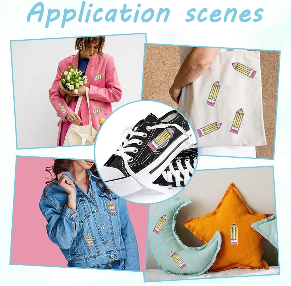 18Pcs Pencil Iron on Patches with Sequin Pencil Shape Embroidered Sew on Applique Clothing Embroidered Patch Garment Apparel Accessories for Teacher Student Backpack Hat Jacket Jeans