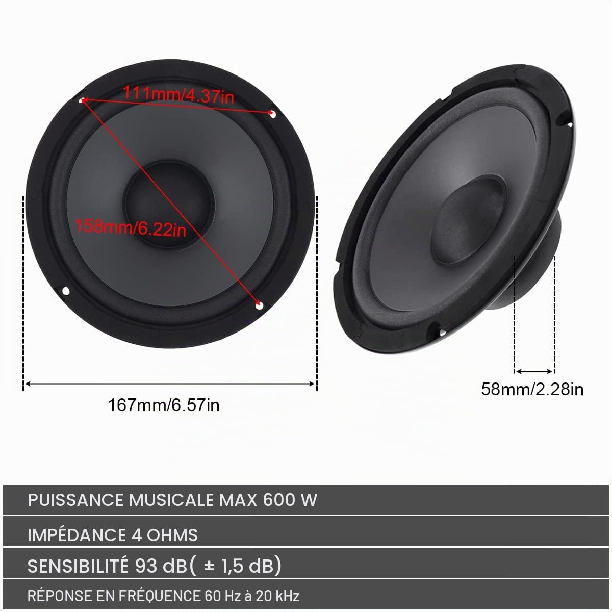2 pièces Coaxial Car Enceintes de Voiture, Haut-Parleur 6,5 Pouces 600W Car HiFi HiFi Coaxial Enceinte de fréquence complète