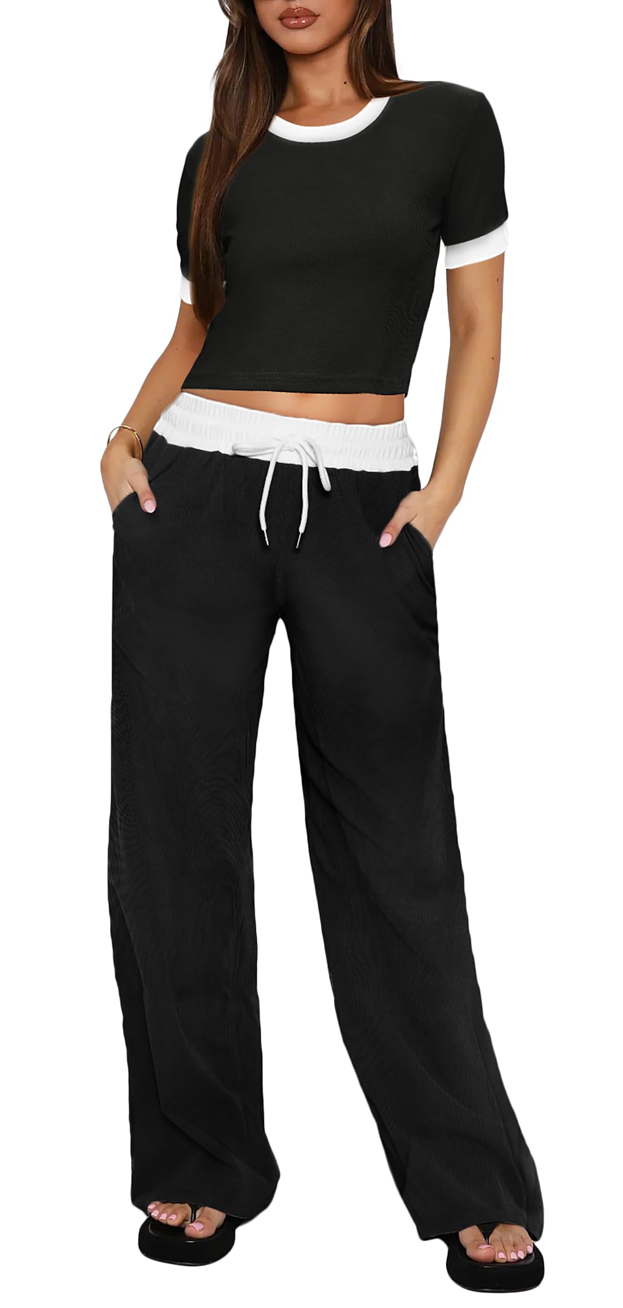 Women 2 Piece Outfits Lounge Sets Color Block Short Sleeve Tops and High Waist Wide Leg Pants Tracksuit Sets