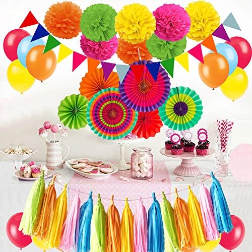 ZERODECO Fiesta Party Decoration, Multicolor Vibrant Hanging Paper Fans Pompoms Latex Balloon Tissue Paper Tassel Triangle Bunting Banner for Fiesta Mexican Cinco De Mayo Baby Shower Party