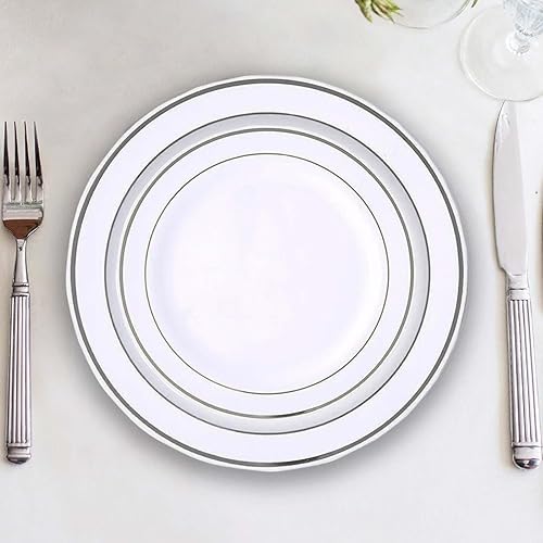Efavormart - Paquete de 10 platos redondos desechables de plástico Très Chic de 6 pulgadas con borde plateado para bodas, cumpleaños, fiestas,
