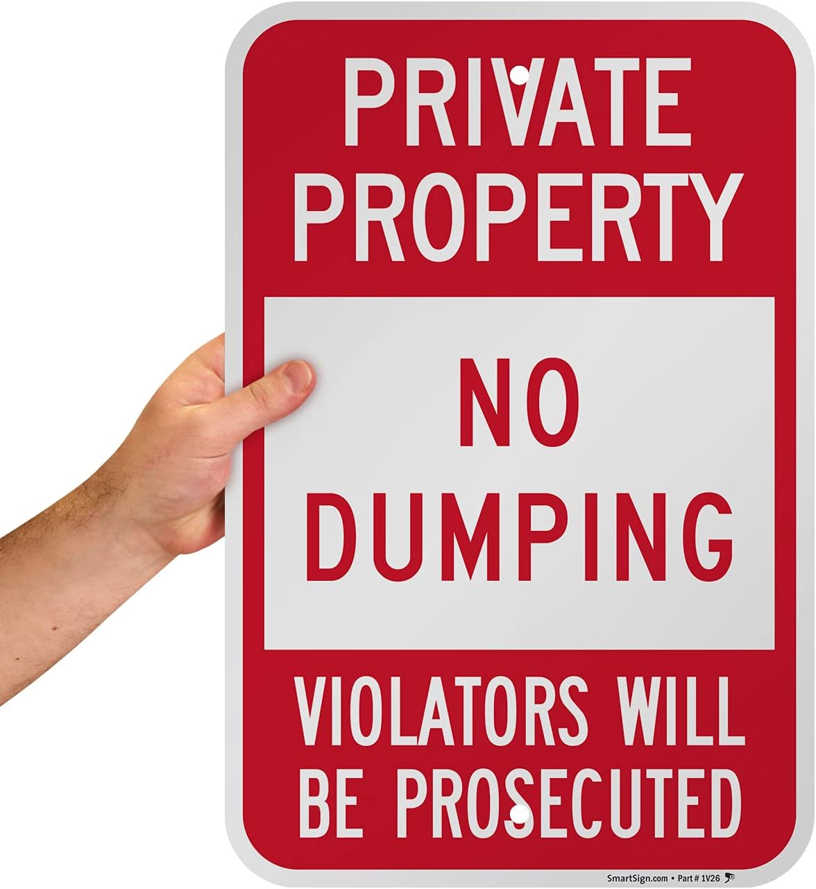 SmartSign 18 x 12 inch “Private Property - No Dumping, Violators Will Be Prosecuted” Metal Sign, 63 mil Laminated Rustproof Aluminum, Red and White, Made in USA