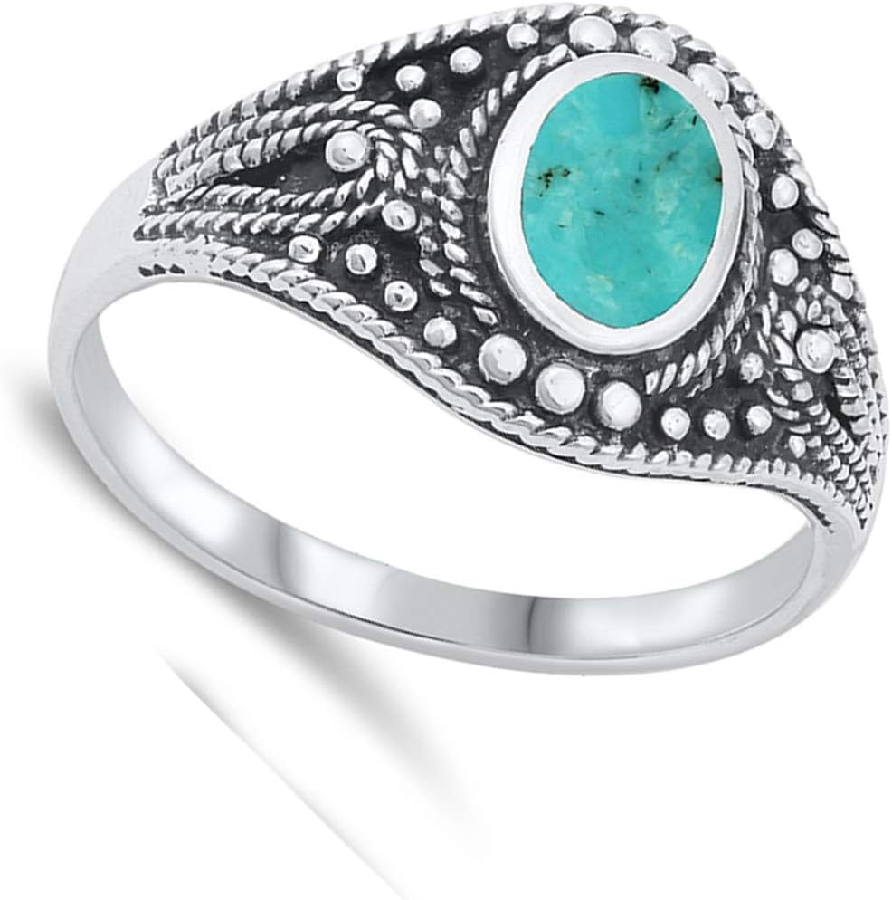 Simulated Turquoise Ornate Bali Rope Boho Ring New .925 Sterling Silver Band Sizes 5-10