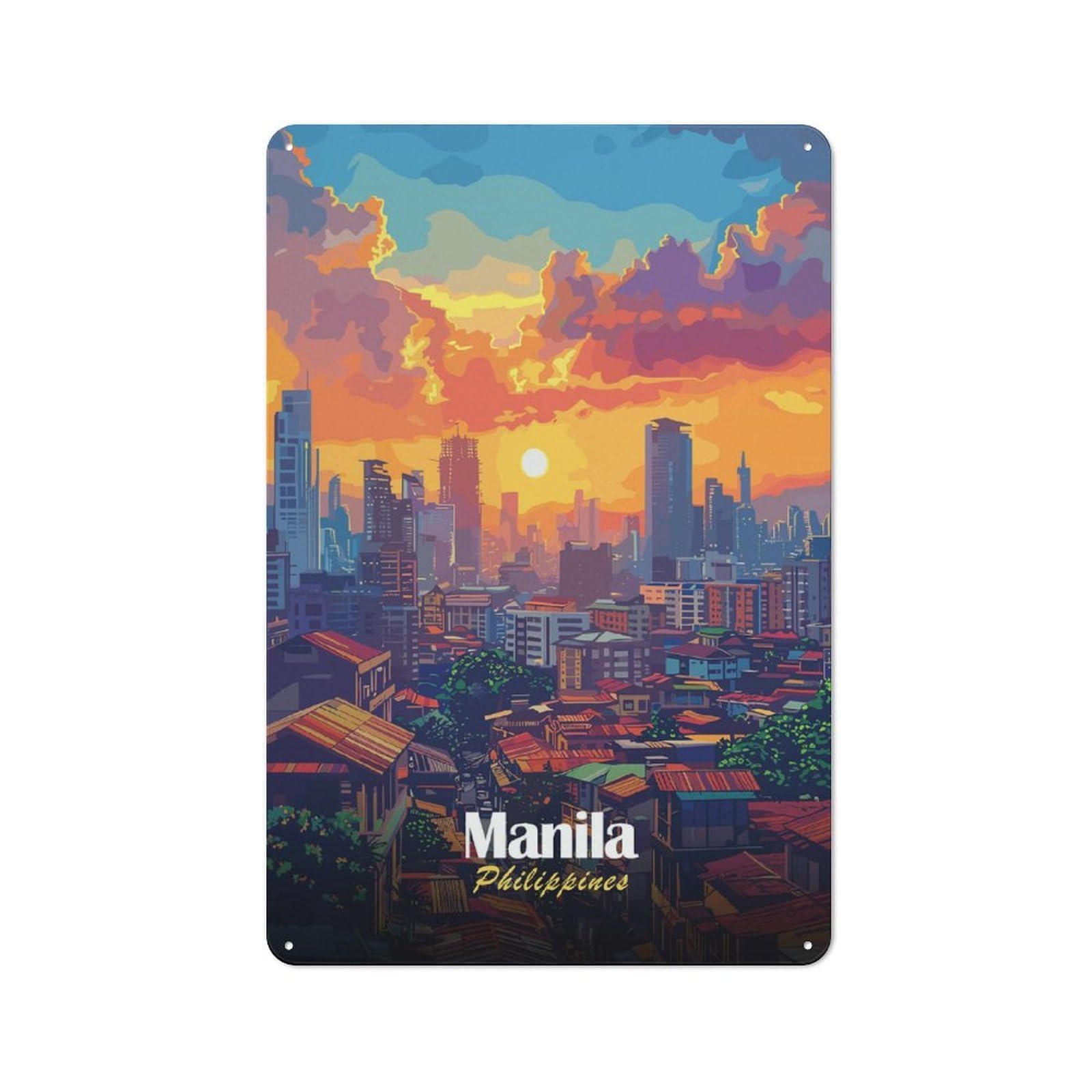 Manila Philippines Cityscape at Sunset Vintage Metal Sign 30x20cm, Bistro Style Bistro Wall Plaque for Tea Room, Shop Wall Or Breakfast Area