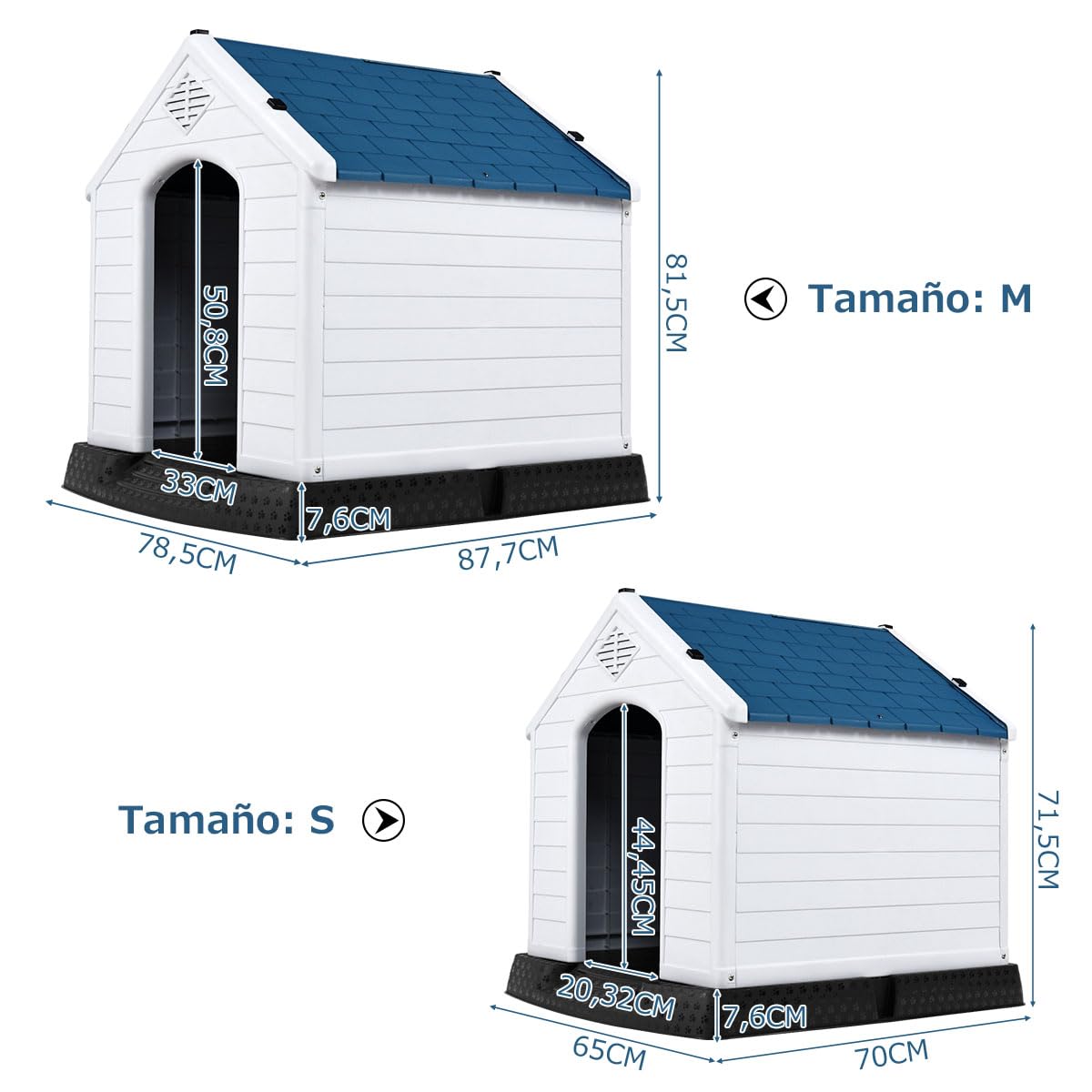 GYMAX Casa Perro, Caseta para Perros Exterior para Pequeños y Medianos, 72,5 x 66 x 70,5 cm con Suelo Elevado, Sistema de Ventilación y Estacas de Anclaje, Blanco + Azul