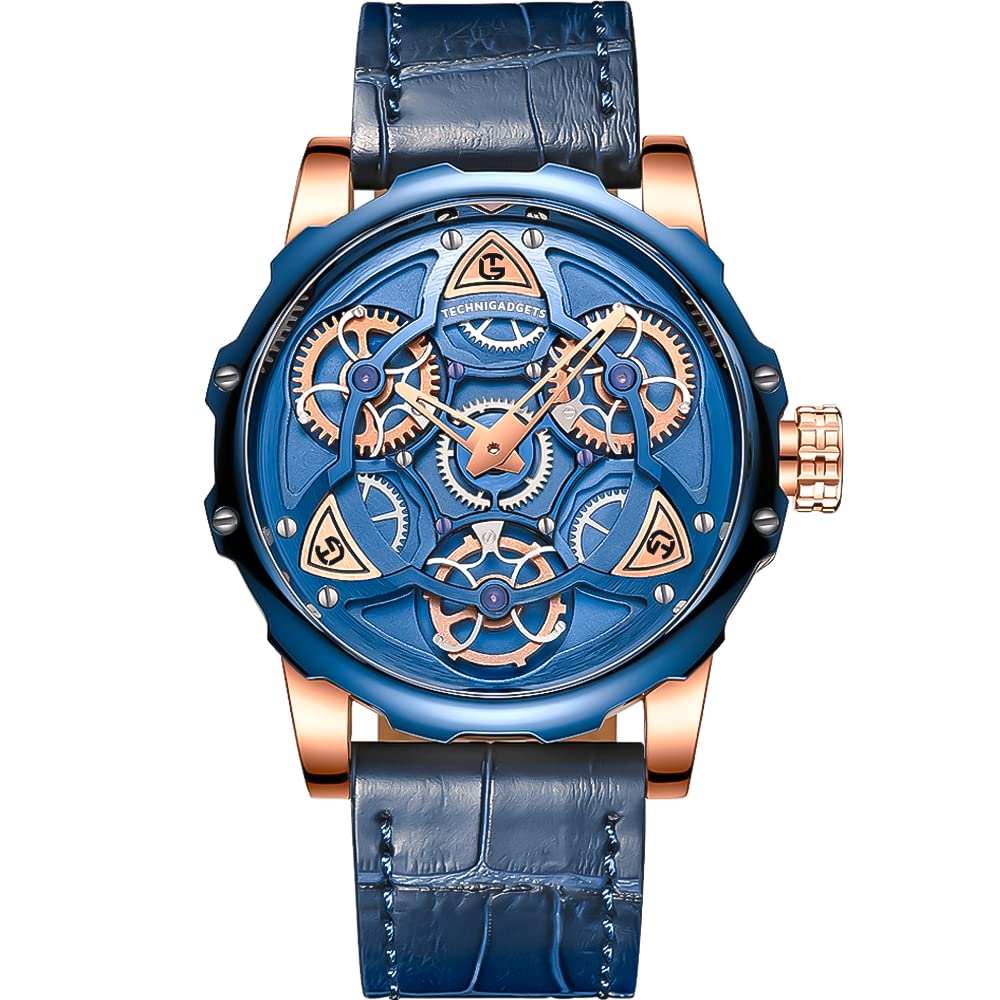 Technigadgets Gustavo Skeleton Mens Watch Steampunk Rotating Wheels Stainless Steel Case Blue Leather Strap Vintage Retro Quartz Wristwatch 30M Waterproof, Blue, Skeleton Watch (B08NP5C14Z) Amazon Price History, Amazon Price Tracker