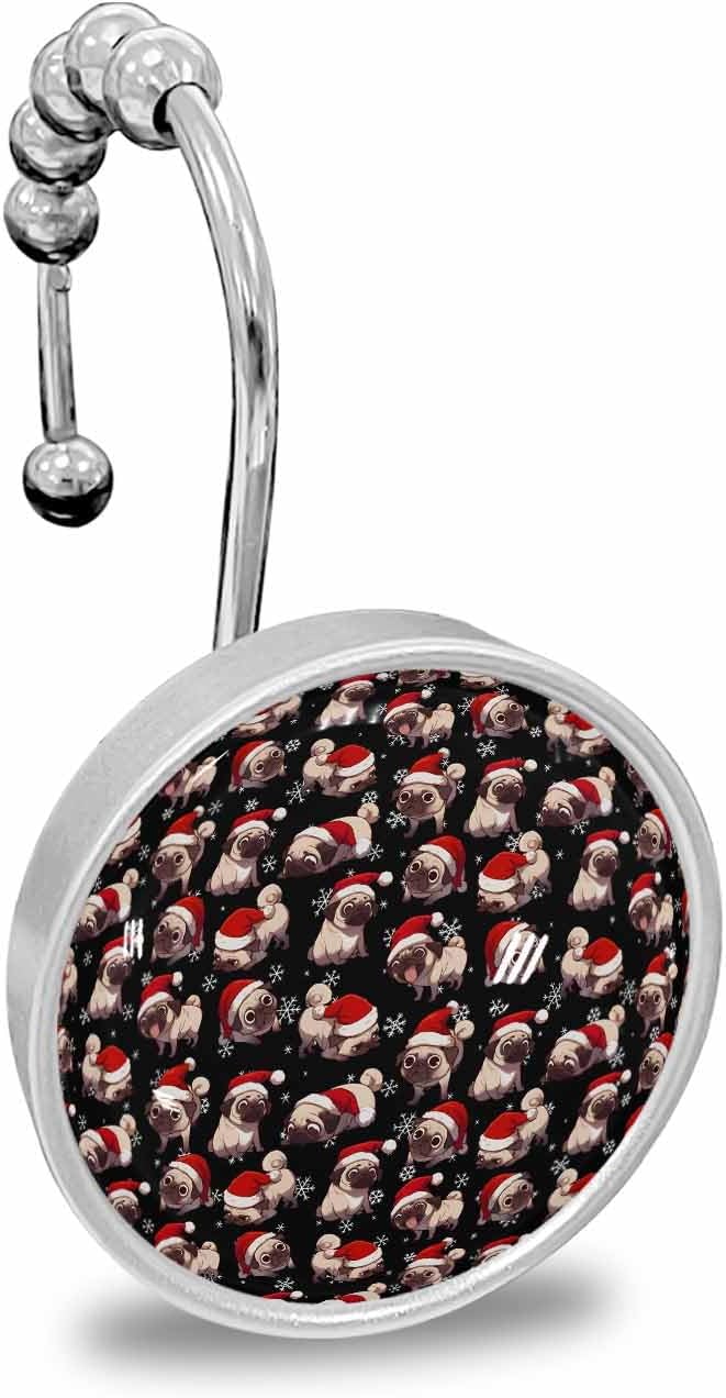 Shower Curtain Hooks 12 Pcs Christmas Santa Hat Cute Bulldog Black Stainless Steel Rust Proof Rolling Shower Curtain Rings, Decorative Shower Curtain Hooks Hangers for Bathroom