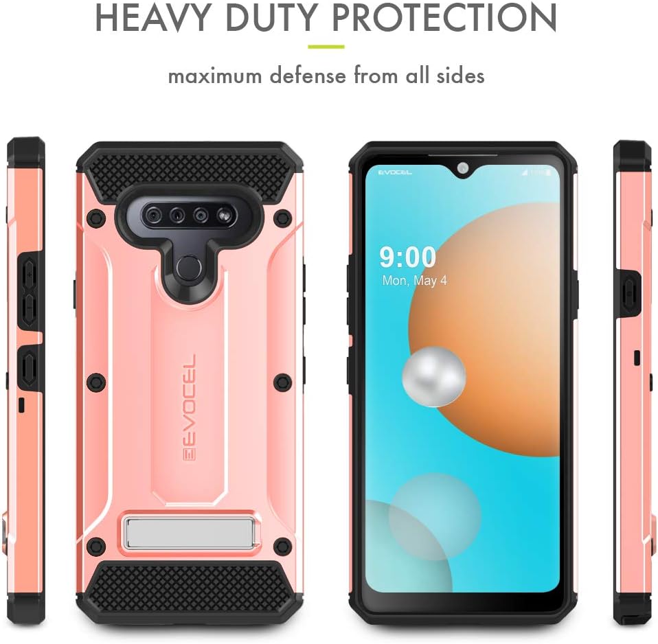 Evocel Explorer Series Pro Phone Case Compatible with LG K51 with Glass Screen Protector and Belt Clip Holster, Rose Gold