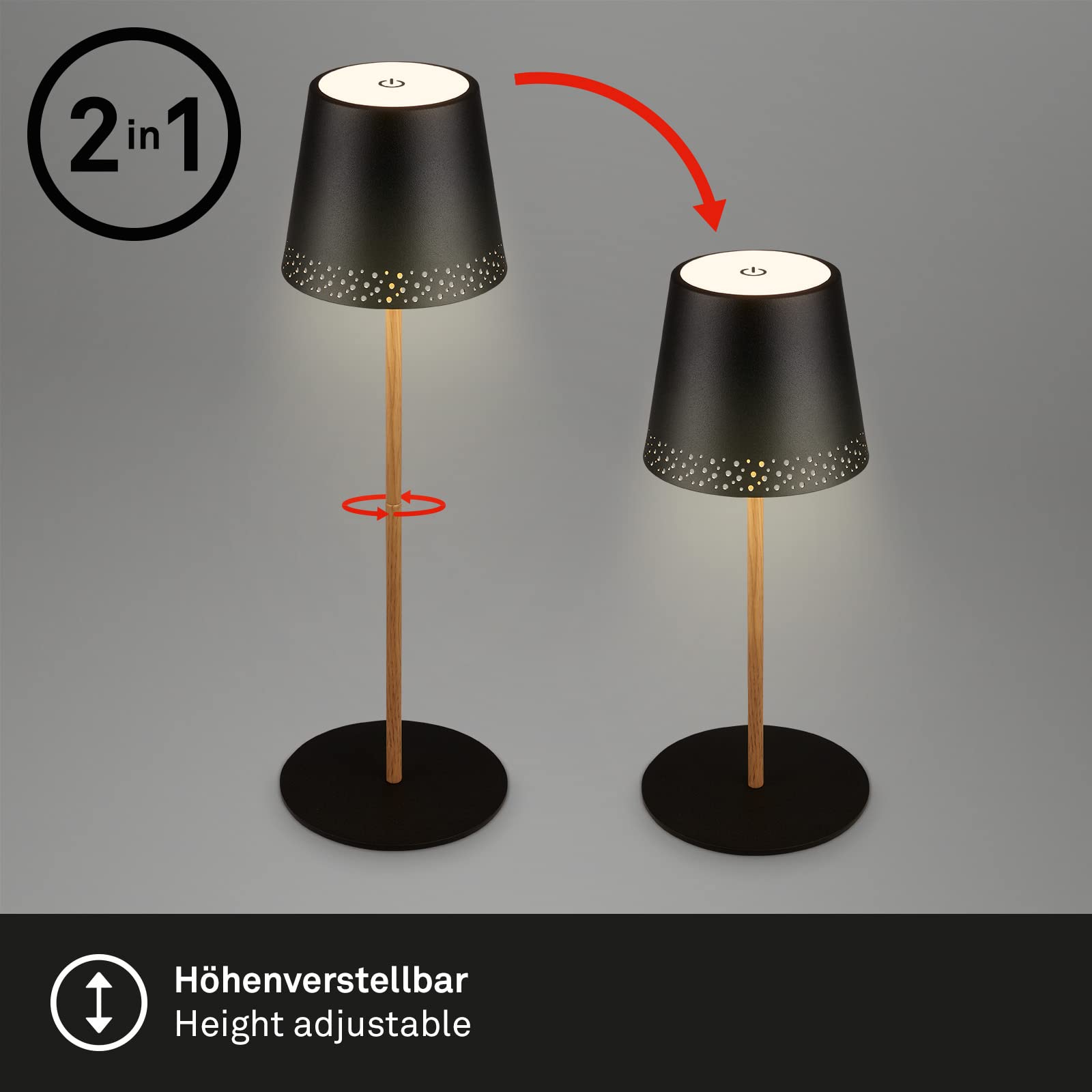 BRILONER - LED Tischlampe kabellos mit Touch, dimmbar in Stufen, höhenverstellbar, Nachttischlampe, Leselampe, LED Lampe, Campinglampe, Tischleuchte, Akkulampe, Outdoorlampe, 38x12 cm, Schwarz