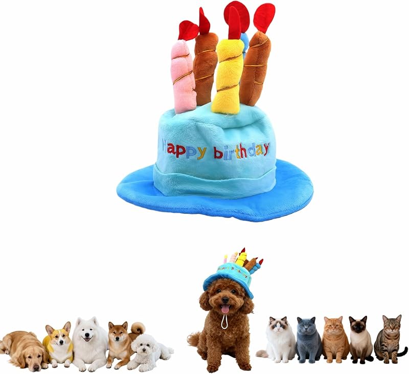 Gorro de cumpleaños para mascotas con generador de sonido, diseño de pastel de felpa azul con 5 velas, gorro de fiesta ajustable para perros y gatos, 7,09 x 3,54 x 2,56 pulgadas (azul)