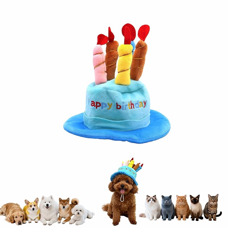 Chapéu de Aniversário para Cães e Gatos RyanDesign com Som, Design de Bolo Azul e 5 Velas