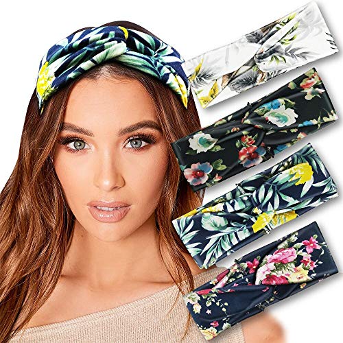 WEKEY Boho Headband - Turban Headbands for Women Knot Headband Bohemian Floral Print Twist Wide Criss Cross Headbands Elastic Hair Bands Head Wraps - 4 Pack