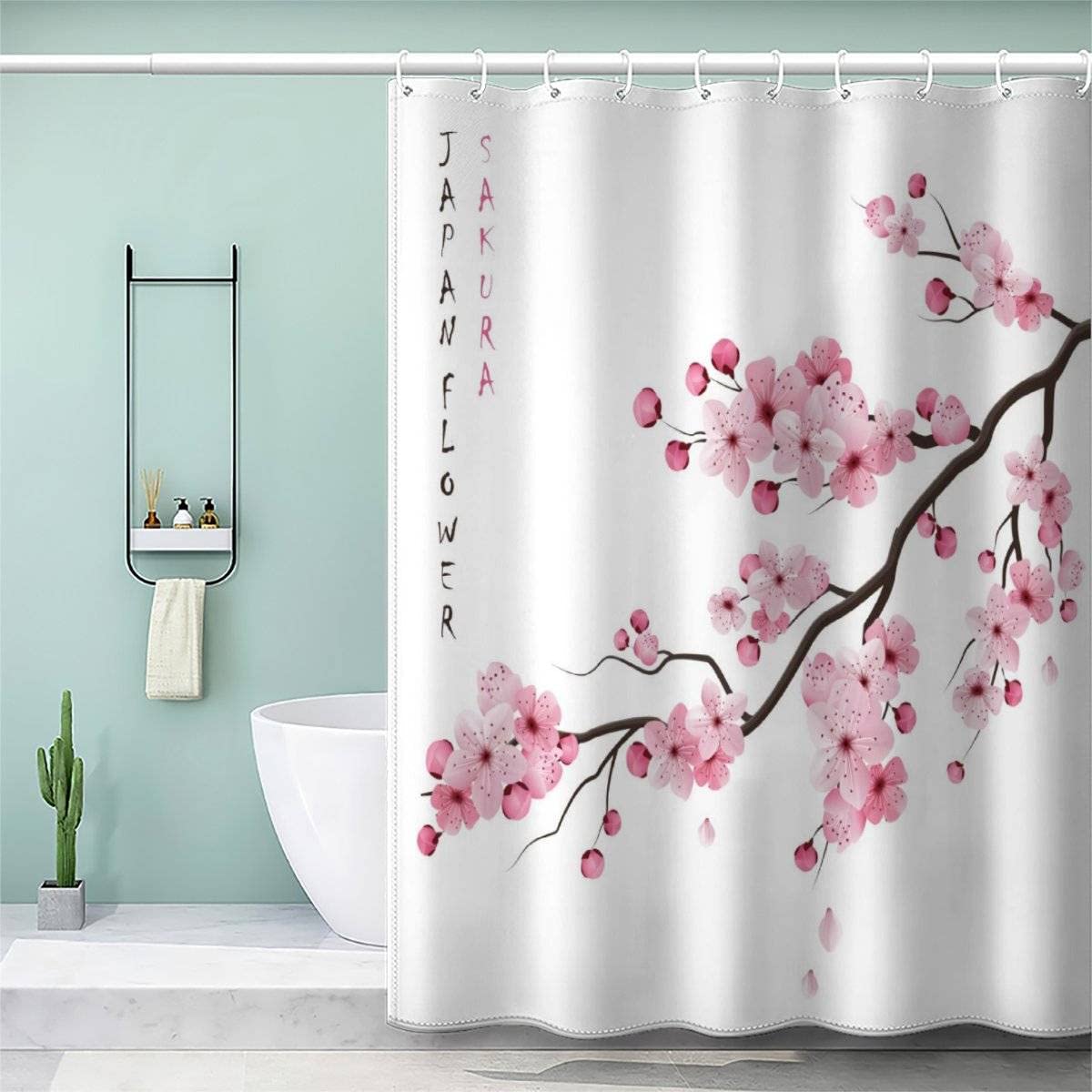 AOLIGL Shower Curtain 180x180cm Waterproof Shower Curtain Japanese Cherry Blossom Branch Bath Curtains for Shower Wet Room Unique Printed Blooming Flowers Pink Shower Curtain Rust Proof Eyelets