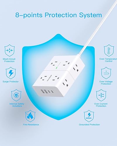 Miniatura 8 de Cable protector de sobretensiones de 10 pies, cable de extensión de enchufe plano ultrafino, 8 tomacorrientes, 4 puertos USB (2 USB C), extensor de