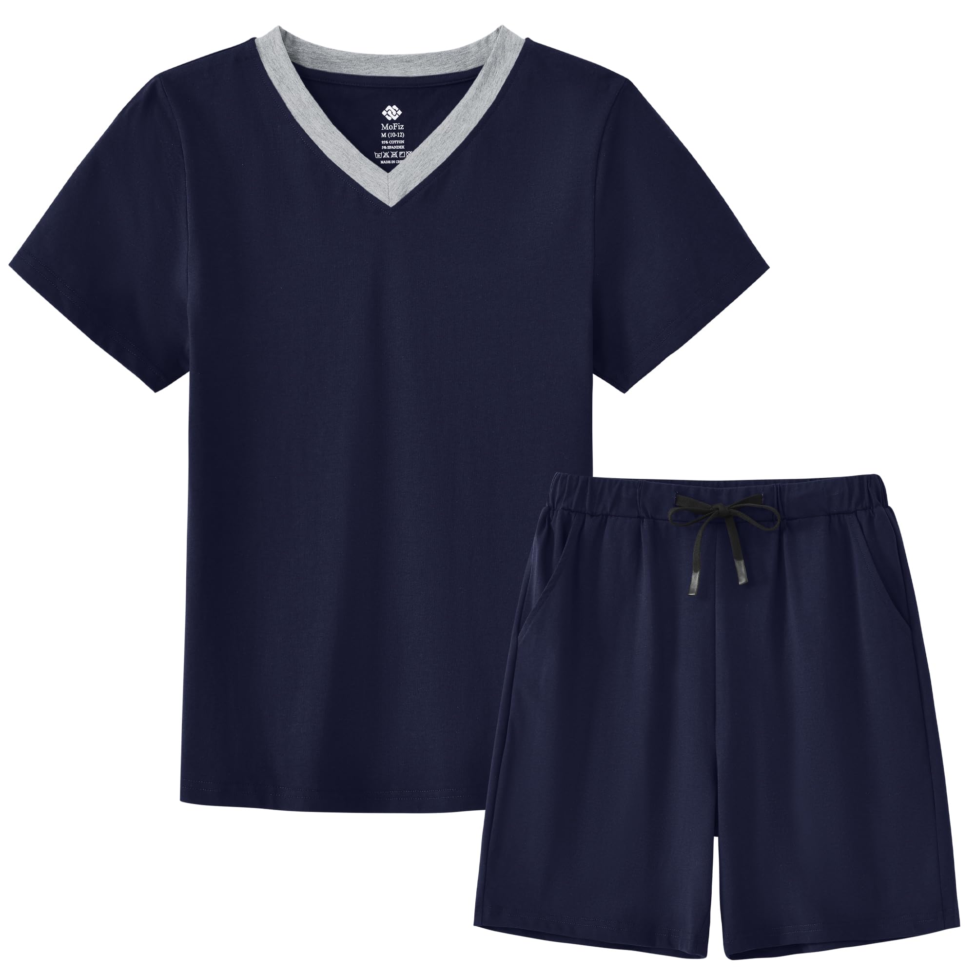 MoFiz - Pijama de niño de algodón con conjuntos de pijama corto, ropa de dormir con cuello en V, manga corta, pijama y pantalones cortos, 128 cm a 176 cm