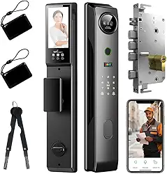 Fechadura Eletronica com Camera, Fechadura Inteligente com Reconhecimento Facial 3D, Tela Olho de Gato e WiFi, Fechadura Biométrica, Adequado para Portas com 4,5-10 CM de Espessura