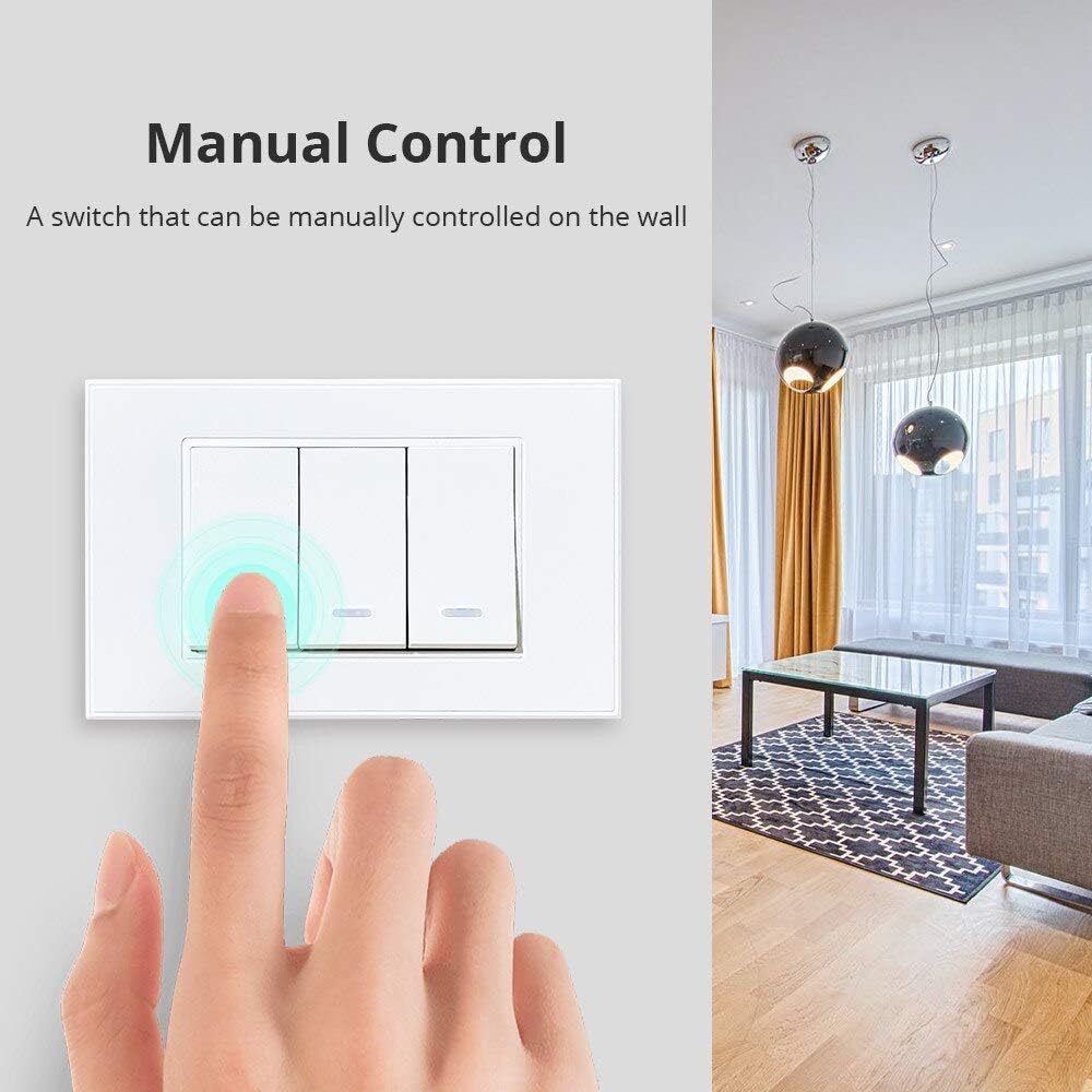 A hand pressing the touch panel of the Zemismart smart light switch, demonstrating manual control.