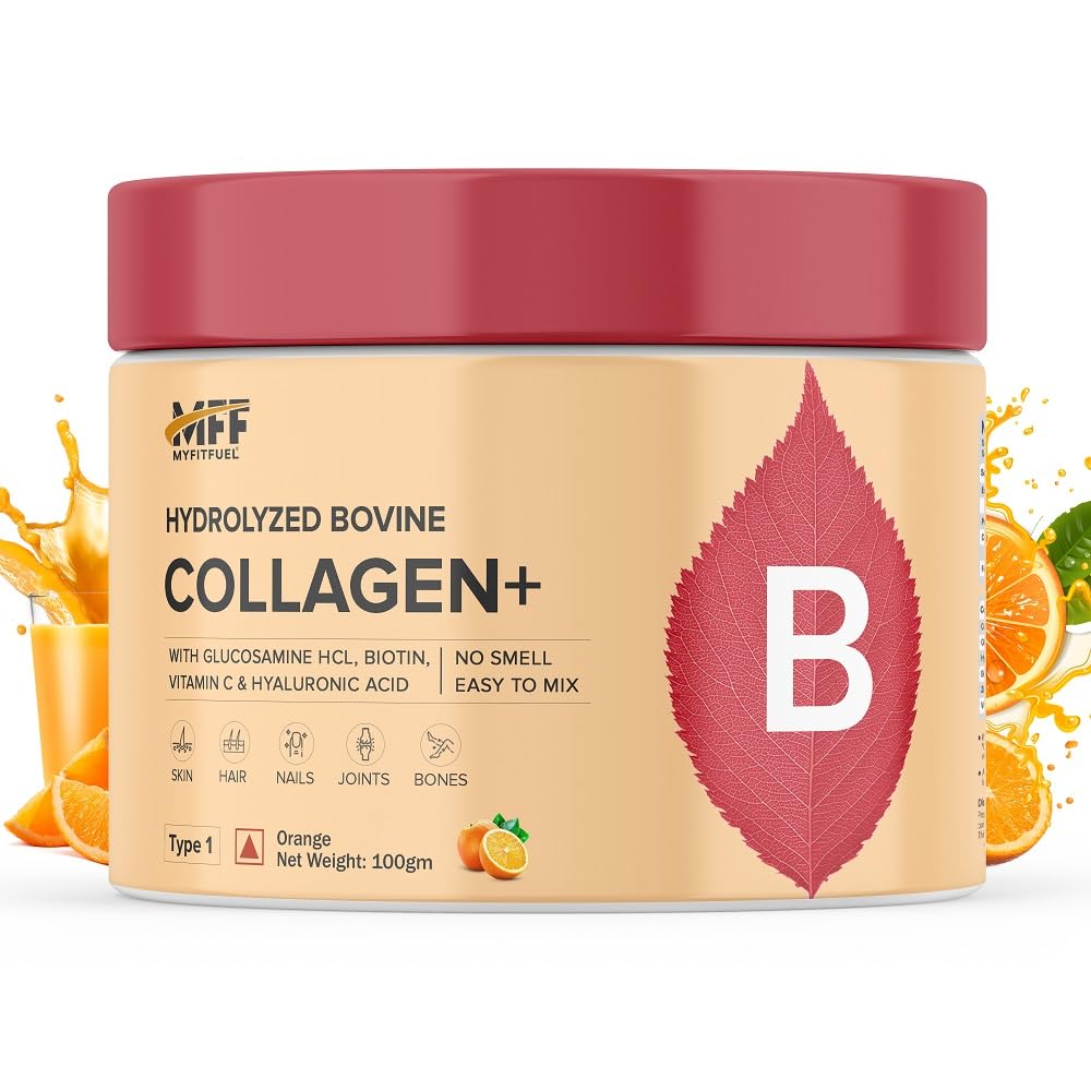 MyFitFuel Hydrolyzed Bovine Collagen (100gm, Orange) with Biotin, Hyaluronic Acid, Zinc, Vitamin C & Glucosamine | For Skin, Hair, Nails & Joints