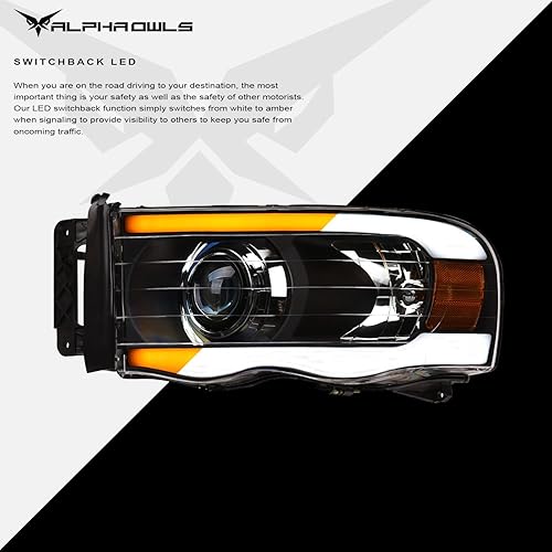 Miniatura 4 de Alpha Owls 8711439 - Faros delanteros de proyector con barra LED secuencial Switchback y luz de arranque, ámbar negro para Dodge Ram 1500/2003-2005