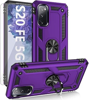 for Galaxy S20 FE Case with HD Screen Protector,[Military Grade] Car Mount Kickstand Hybrid Hard PC Soft TPU Shockproof Protective Case for Samsung S20 FE 5G Purple