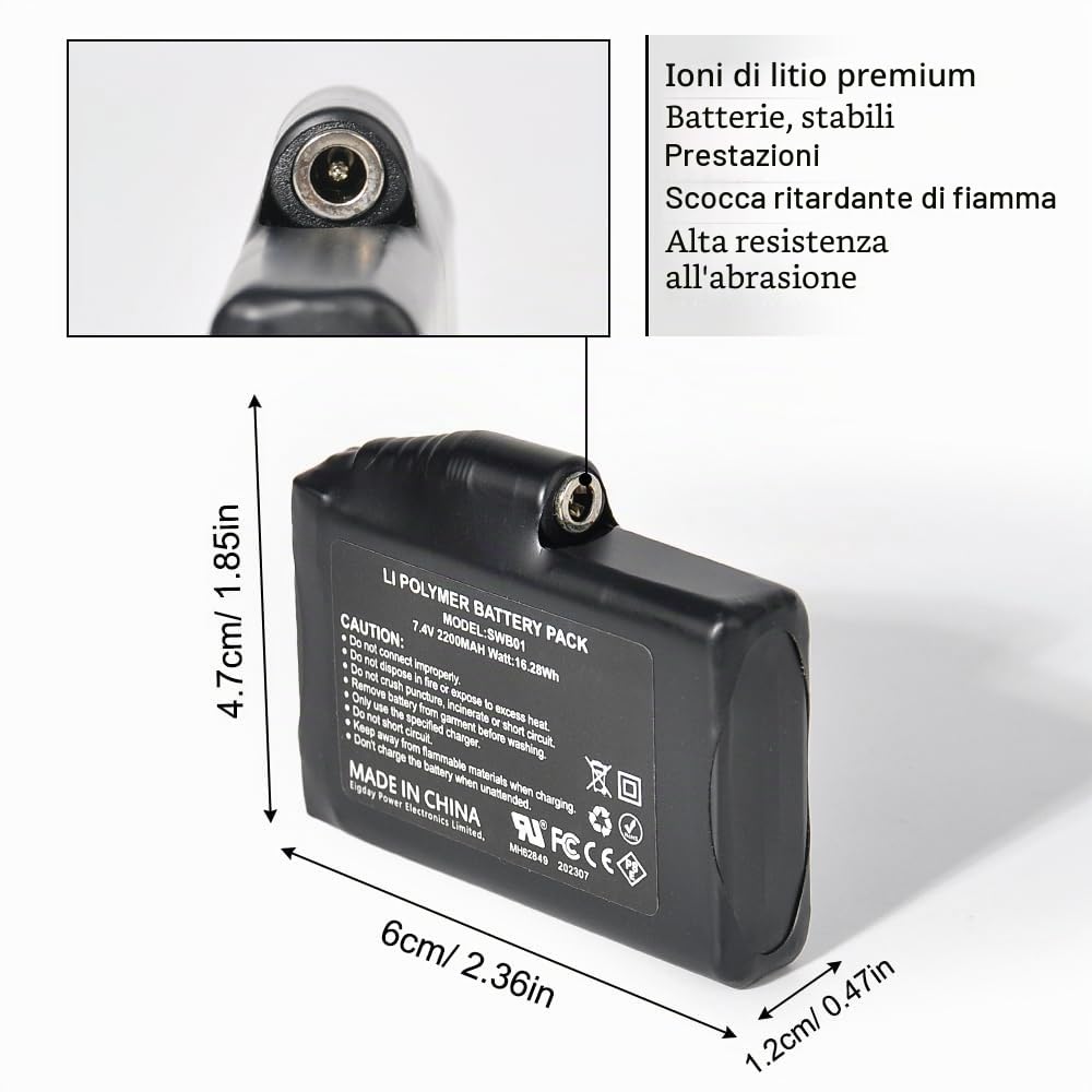 Riloer Batteria Ricaricabile ai Polimeri di Litio - Batterie 7.4V 2200mAh per Guanti Riscaldati Calze Cappelli, Interfaccia Femmina DC 3.5x1.35MM