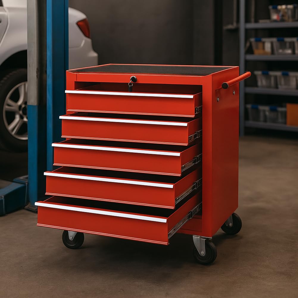 Carrello Portautensili con 5 Cassetti in Acciaio, Carrellino per Attrezzi Multiuso, Armadietto per Strumenti di Lavoro con Ruote, Ideale per Officine, Garage, Fai da Te, 68 x 33 x 78 cm