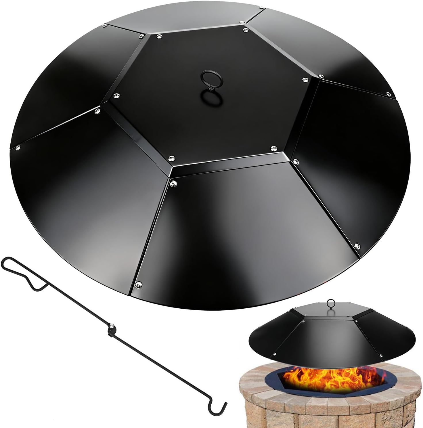 32 inch Fire Pit Lid Round,Metal Fire Pit Lid with Handle & Poker Fits for Fire Pits up to 30",Outdoor Firepit Lids Heavy Duty for Firepit Replacement Kit Accessory-Black