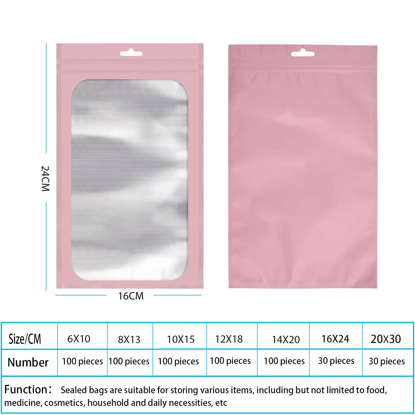 EONJOE Mylar-Beutel Mit Sichtfenster – 100 Stück, Holografisch, Wiederverschließbar, Für Schmuck, Süßigkeiten & Proben (Rosa)