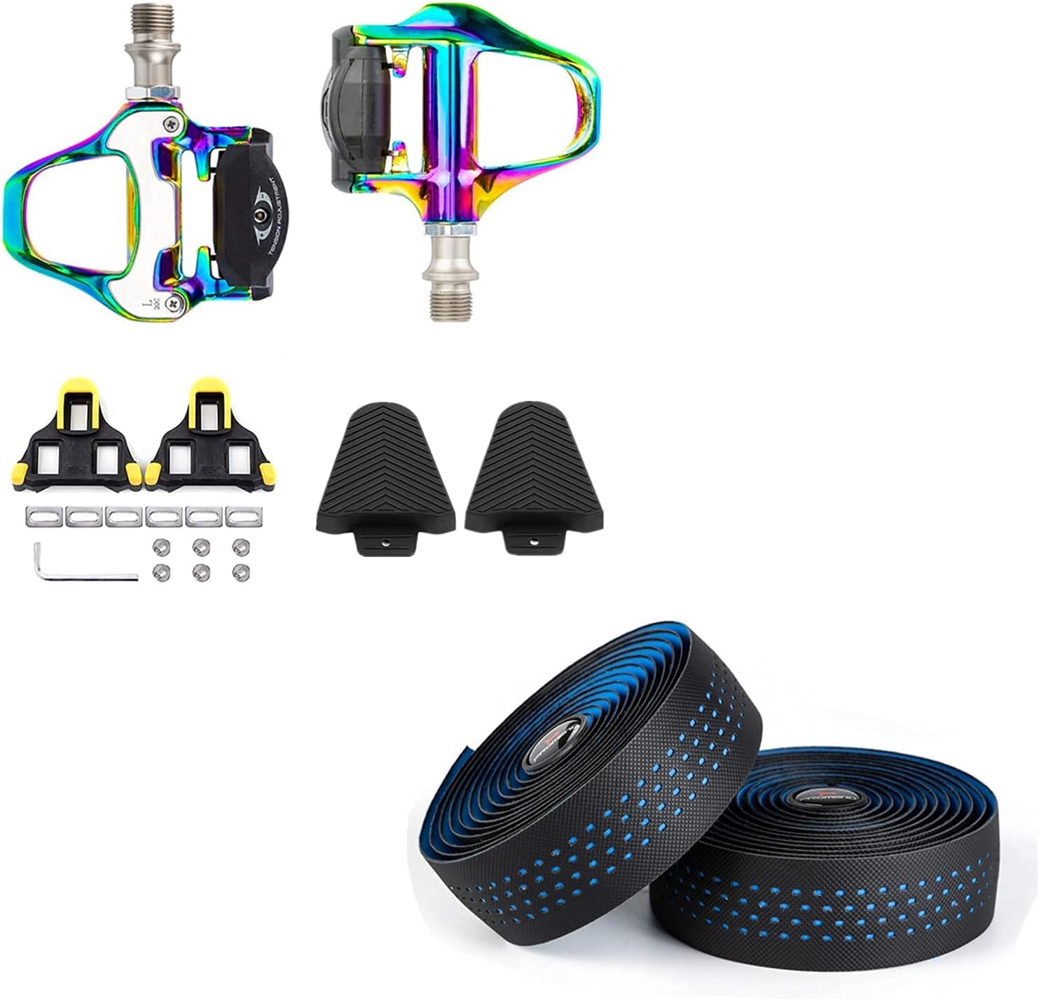 BESTYMXY Bike Pedals Road Bike Pedals+Cleat Set+Cleat Cover with Road Bike Handlebar Tapes(Blue)