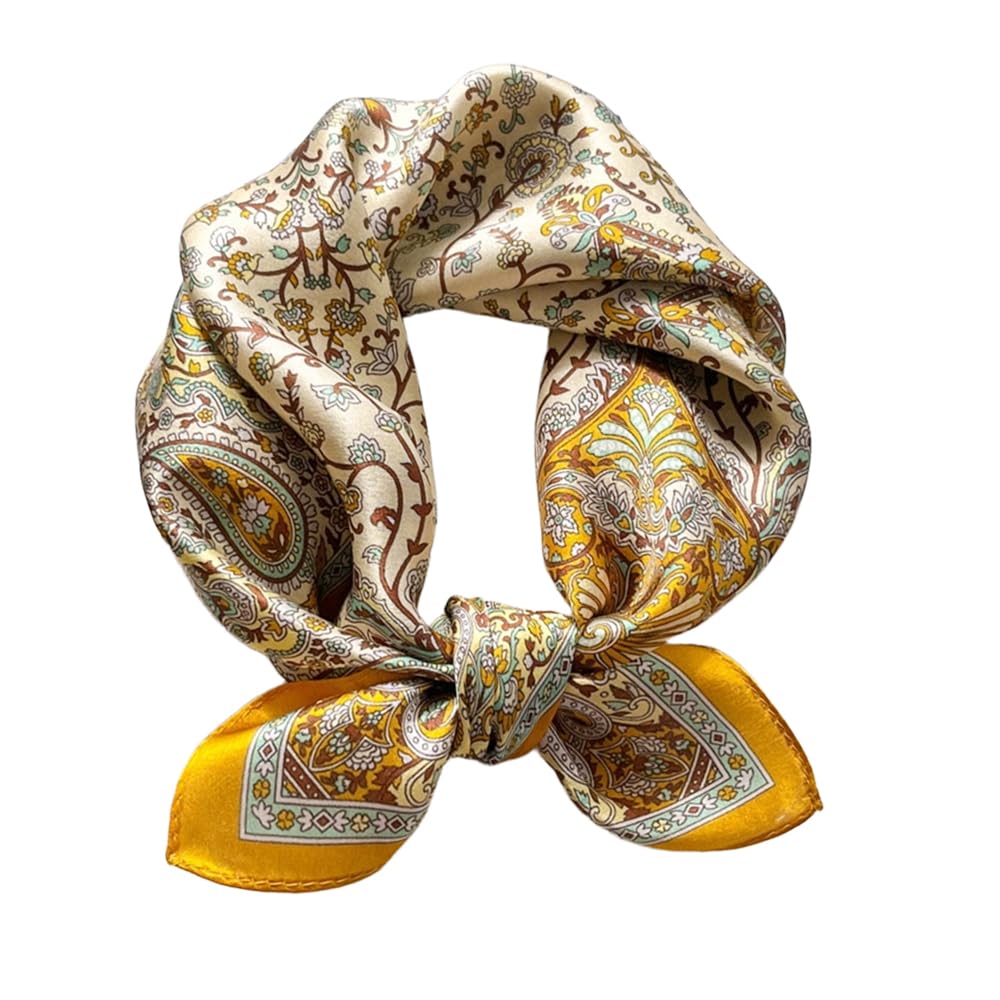 Meisee Women's Yellow Cashew Flower Mulberry Silk Scarfs Small Square Scarf 21" X 21" Breathable Lightweight Neckerchief Headscarf, 21In