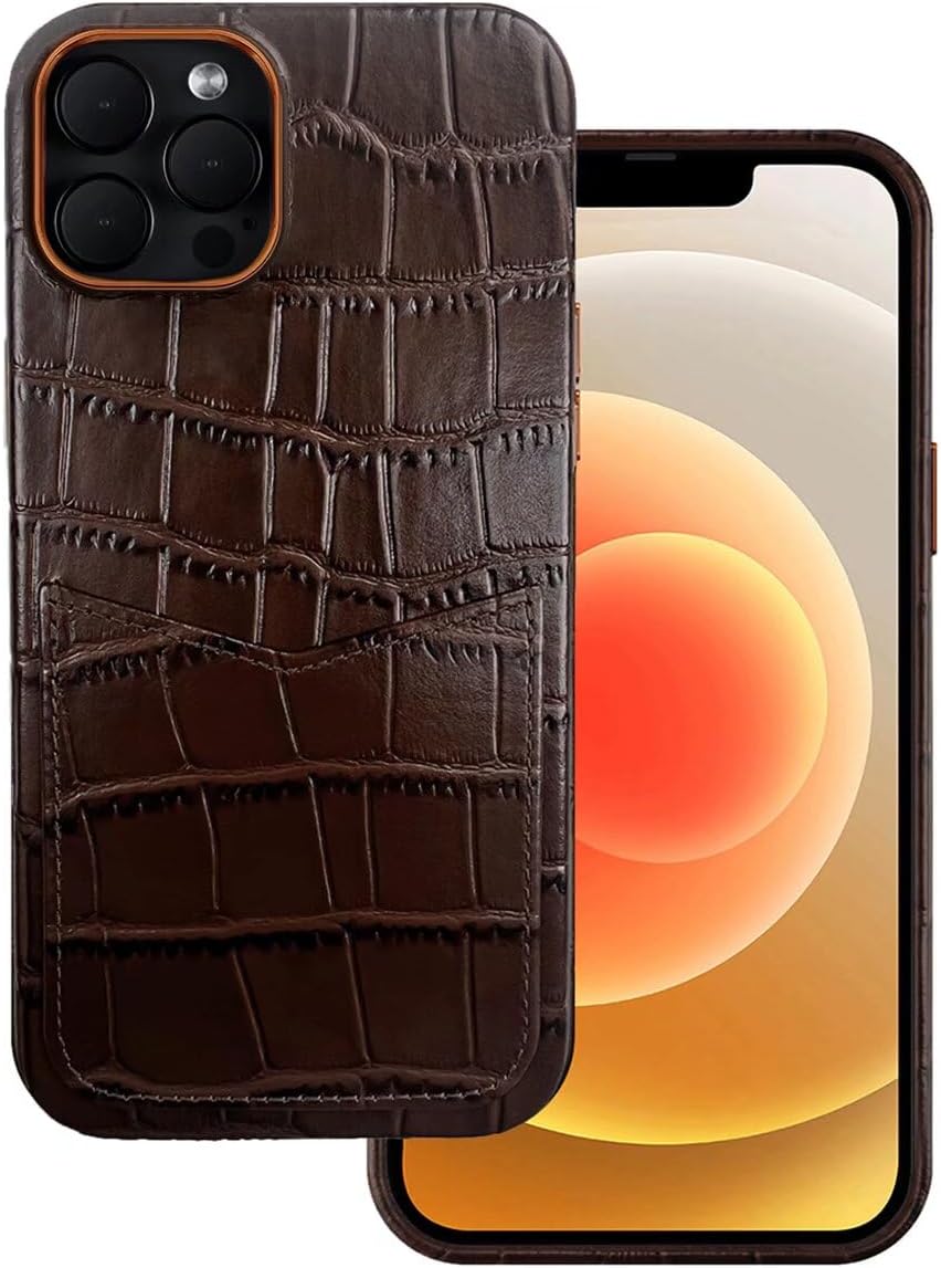 Designed for iPhone 12 Pro Max Wallet Case,Genuine Cowhide Leather Case Embossed Crocodile Pattern for iPhone 12 Pro Max with Card Holder Built-in Magnets for MagSafe Charging-Croco Umber