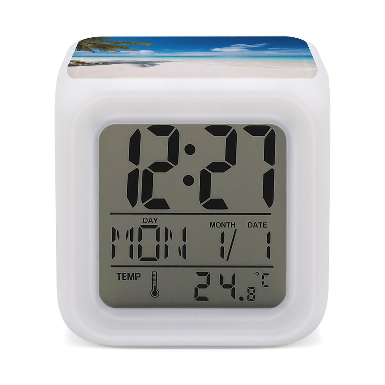 Réveil numérique LED blanc avec motif plage tropicale pour table de chevet