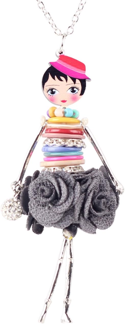 BONSNY Handmade Paris Doll Necklace with Floral Flower Fabric Dress,Natural freshwater shells Botton for Body, Crystal Rhinestone Charm, Statement Long Silver Chain Jewelry for Women(Grey)
