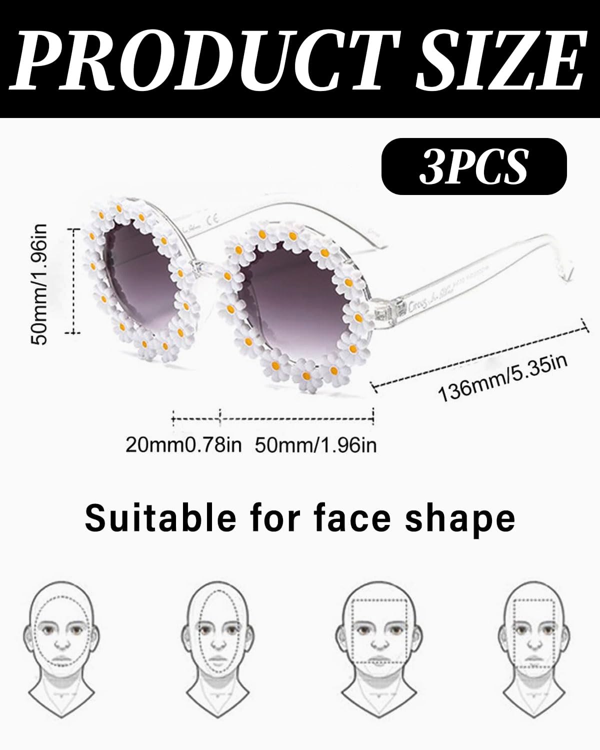 Occhiali Da Sole A Forma Di Margherita Per Bambini - 3 Paia Colorate (bianco, Rosa, Giallo), UV Protection