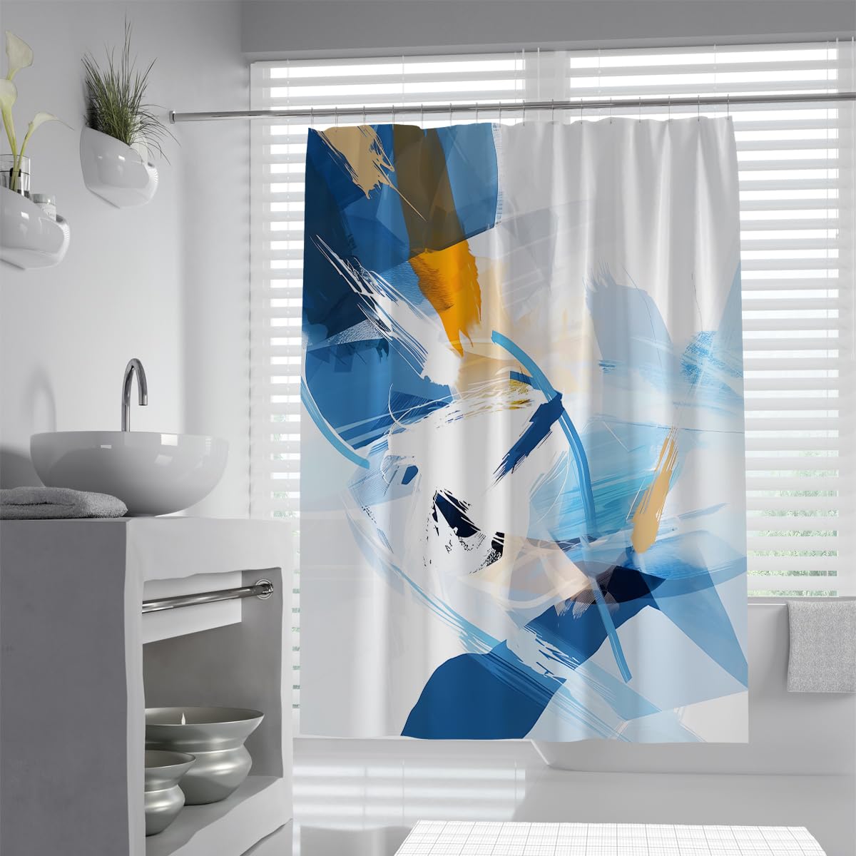 UIRINGART Shower Curtain W160xL200cm Modern Abstract Art Oil Painting Navy Sky Blue White Orange Paint Splatter Quick Drying Mildew Mould Resistant Fabric Bathroom Screen