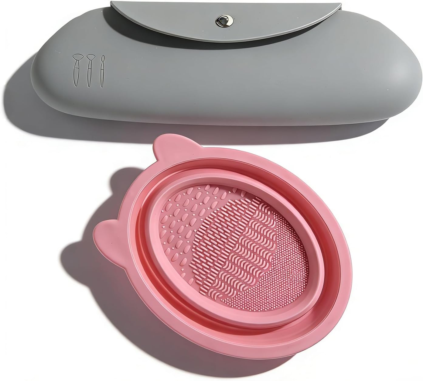 Silicone Makeup Brush Holder & Foldable Brush Cleaner Set – Travel Brush Case with Magnetic Closure, Portable Cleaning Bowl for Brushes, Sponges, and Powder Puffs (Gray)