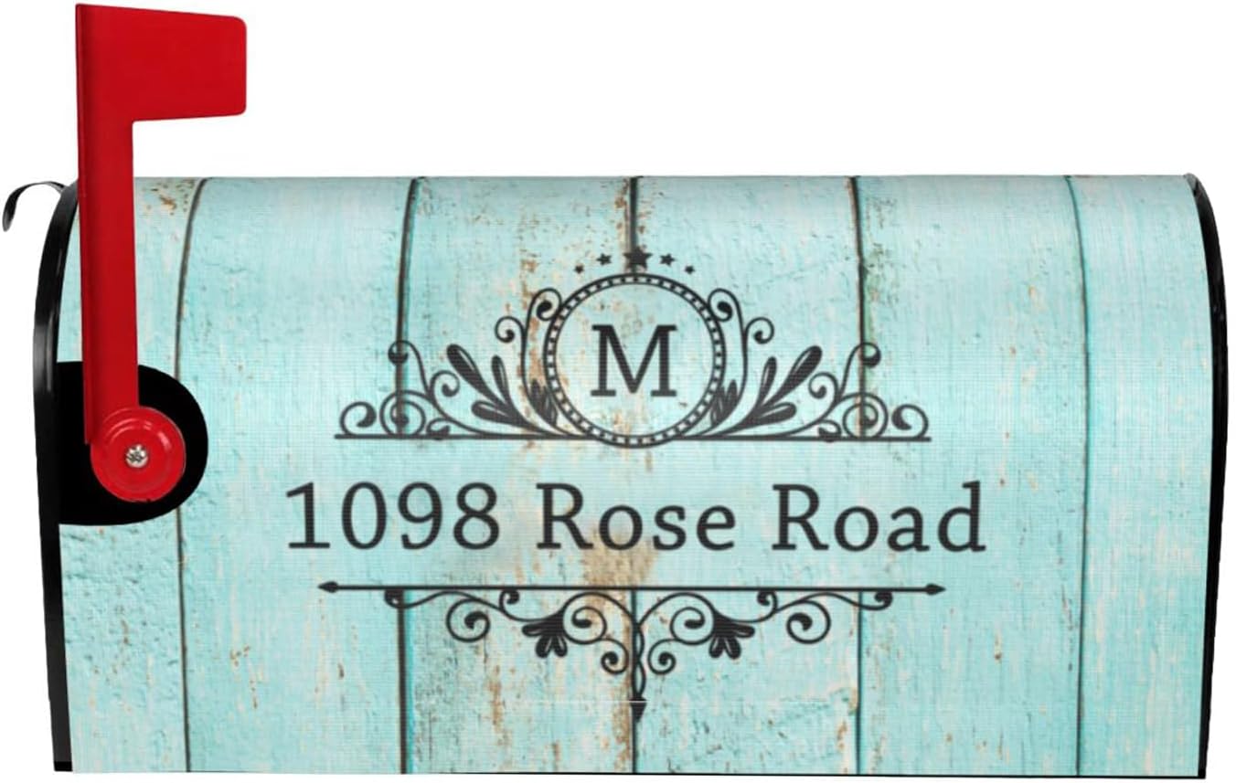 Retro Blue Wooden Texture Personalized Farmhouse Monogram Address Mailbox Covers Magnetic Wedding Gifts Post Letter Box Covers Mailbox Wraps for Outside Garden Yard Courtyard Decor