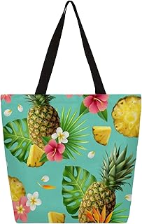 Sacola de lona feminina de abacaxi, folha de palmeira, sacolas grandes para homens com bolsos, sacolas de compras resistentes, sacolas de compras reutilizáveis, bolsa de ombro casual para escola, trabalho, praia, Multicor