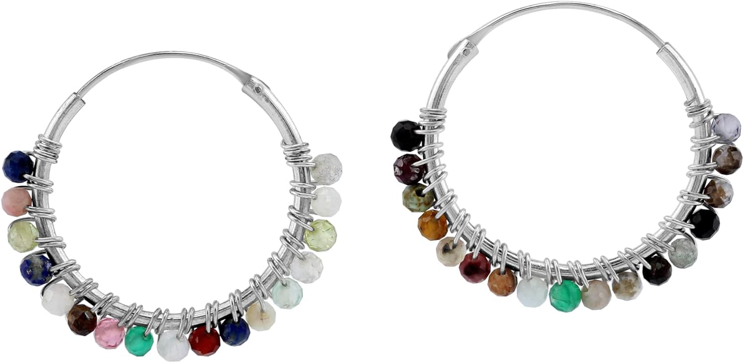 Silvershake 20MMx2MM Natural Gemstone Beads 925 Sterling Silver 0.79 Inch Wire Wrapped O Hoop Earrings Jewelry for Women
