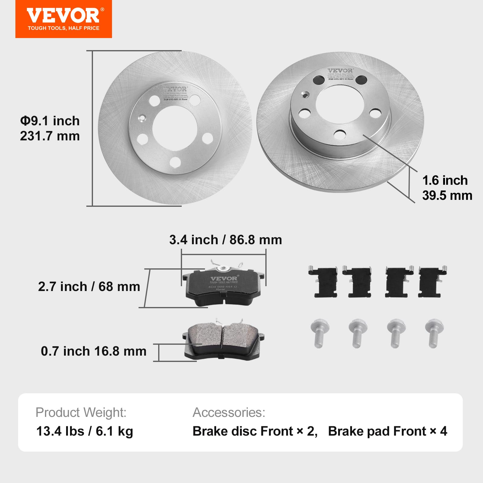 VEVOR Kit Freno Posteriore Compatibile 231,7 mm Dischi Freno 6,1 kg con AUDI A3(8L), SEAT IBIZA, SKODA OCTAVIA, ROOMSTER, VW GOLF Ⅳ, Kit di Sostituzione Pastiglie Freno in Ceramica, Rotori Posteriori