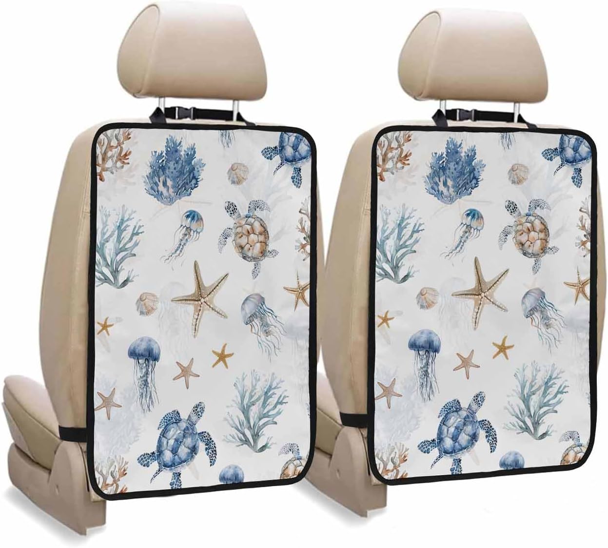 Car Seat Protector, 2 Pack Kick Mats Back Seat Protector Ocean Turtle Starfish Jellyfish Coral Rustic Wood Grain Waterproof Backseat Cover for Kids Universal Fit Automotive Interior Protectors