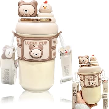 Kawaii Water Bottle, 19oz Stainless Steel Insulation Bottle with Straw & Adjustable Strap, Cute Rabbit Leak-Proof Water Bottles for Girls Sports Camping Travel Kawaii Bottles