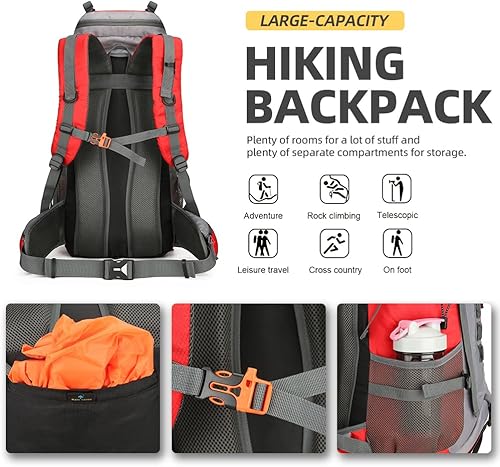 Miniatura 4 de King'sGuard Mochila de senderismo ligera de 60 L con cubierta para lluvia, mochila grande impermeable plegable para viajes al aire libre para