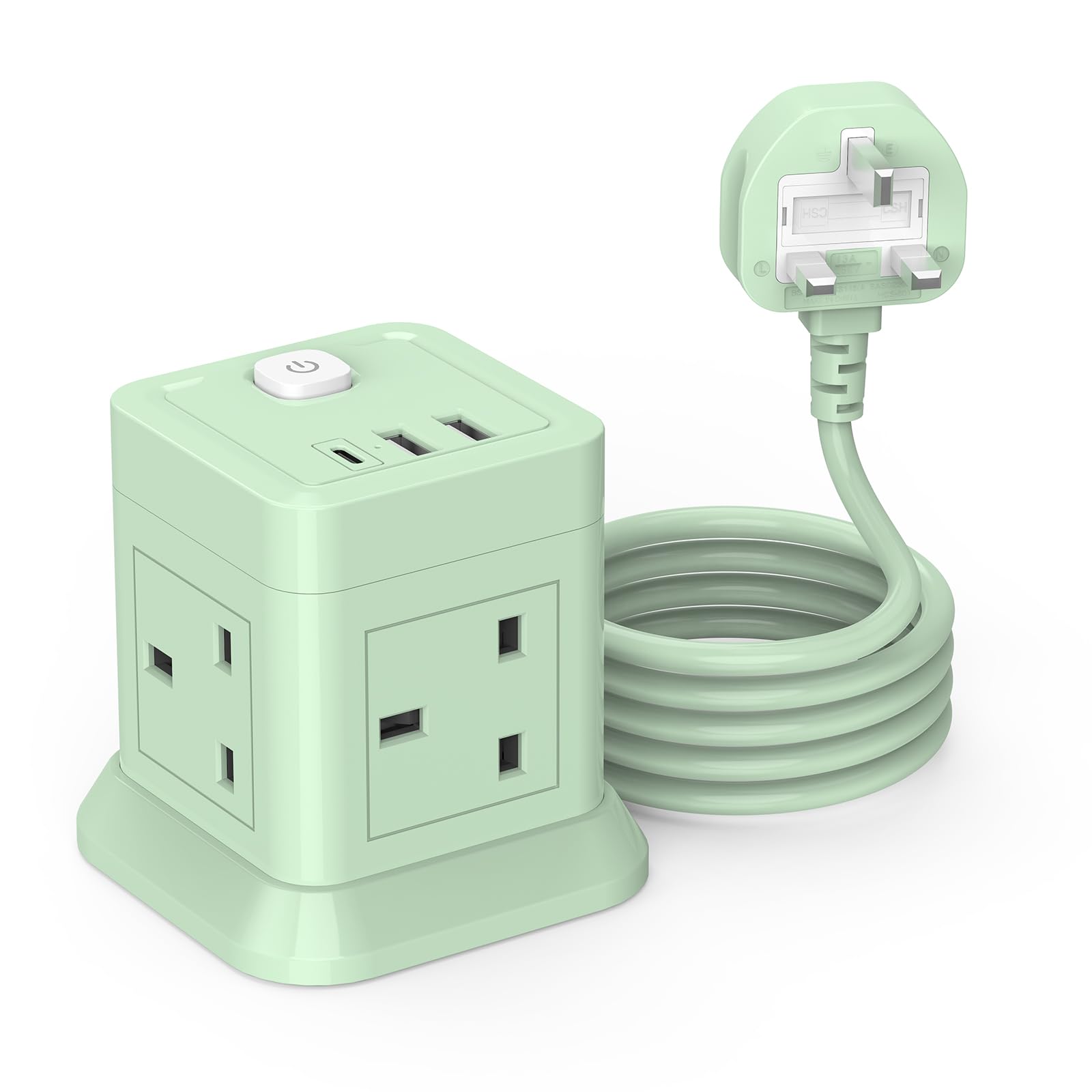 3M Extension Lead Cube With USB, BEVA 4 Way Power Strip With 3 USB Ports, Extension Socket With Switch Multi Plug Extension with 3 Metre Extension Cords For Home Office Travel-Green