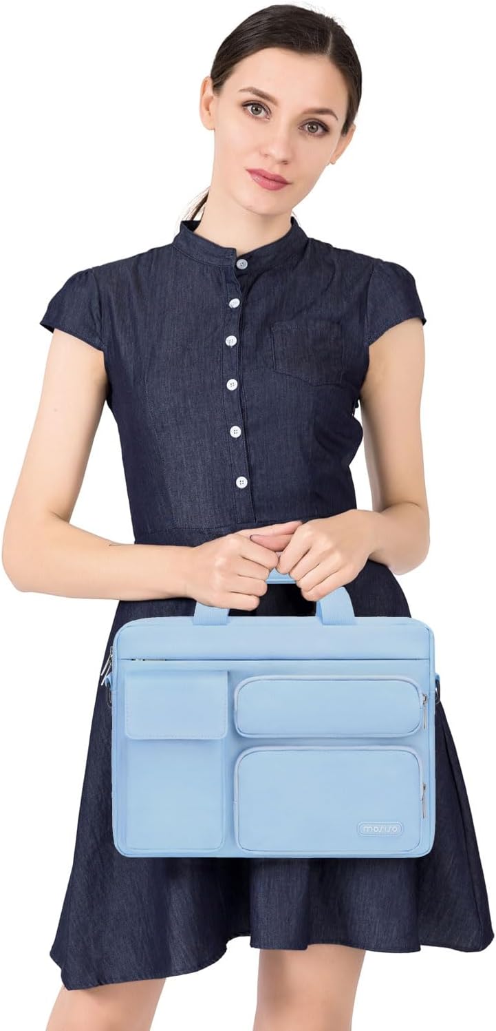MOSISO Laptop Shoulder Bag 15.6 inch, 15-15.6 inch Computer Bag Compatible with MacBook Pro 16 inch, HP, Dell, Lenovo, Notebook with 2 Raised&1 Flapover&1 Horizontal Pocket&Handle&Belt, Airy Blue - Image 2