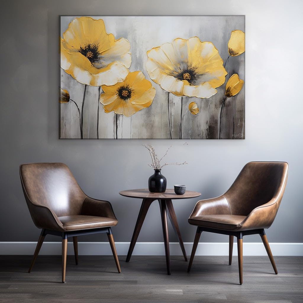 Canvas for Living room. Vibrant Brushstrokes of Yellow Unveil the Dynamic Essence of Modern Abstract Poppies, 27 x 18 inch Canvas Wall Art - Contemporary Masterpieces - Zen Wall Decor